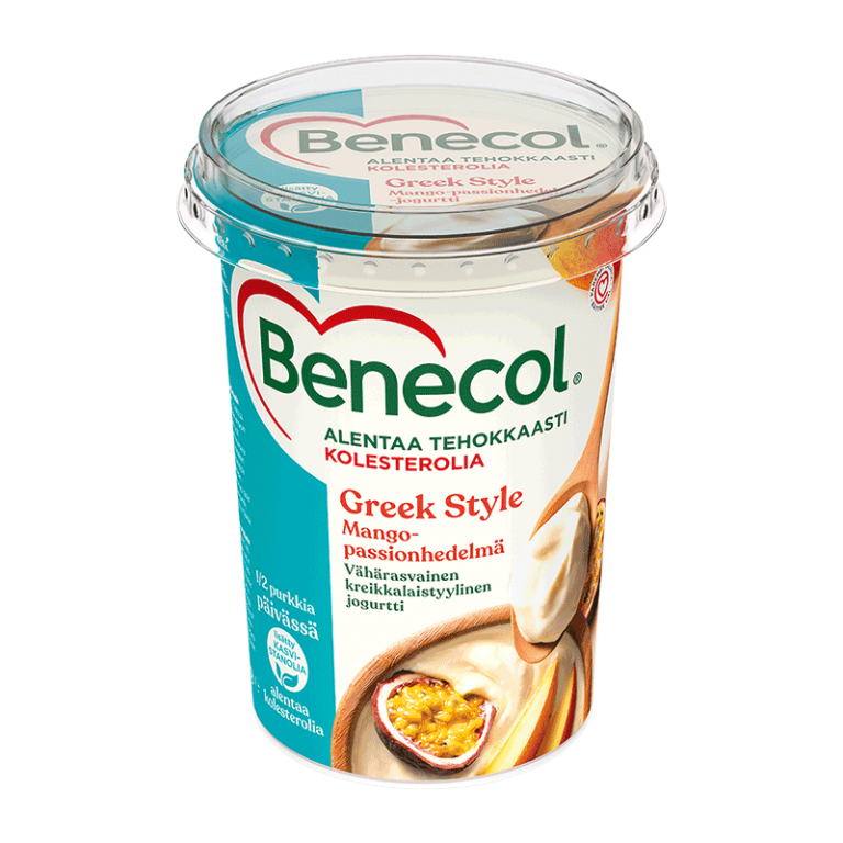 Benecol-jogurtti, Greek Style mango-passion, alentaa kolesterolia 2-3 viikossa.