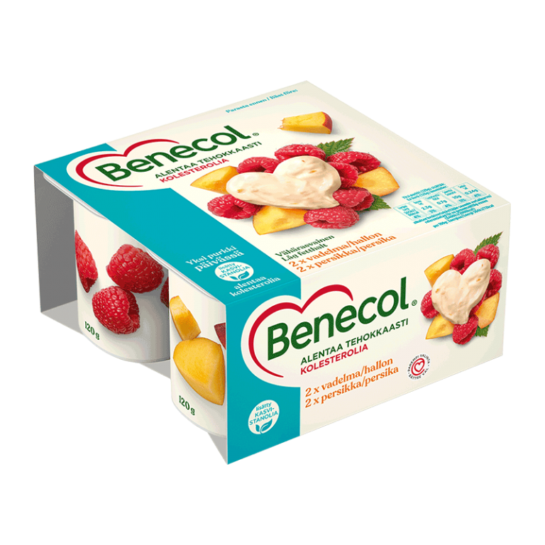 Benecol kolesterolia alentava vadelma ja persikka jogurtti
